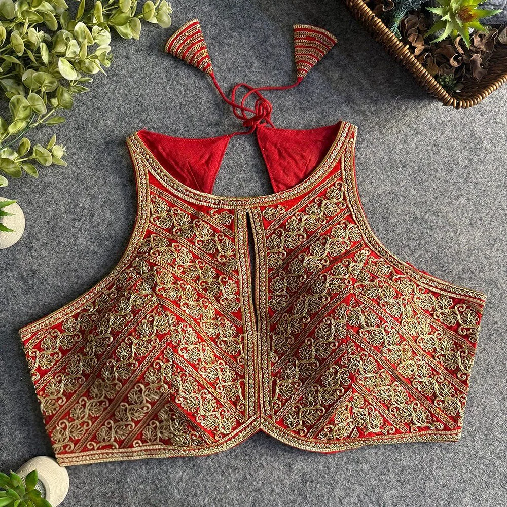 Red Roman Silk Embroidery Work Halter Neck Blouse — view 1