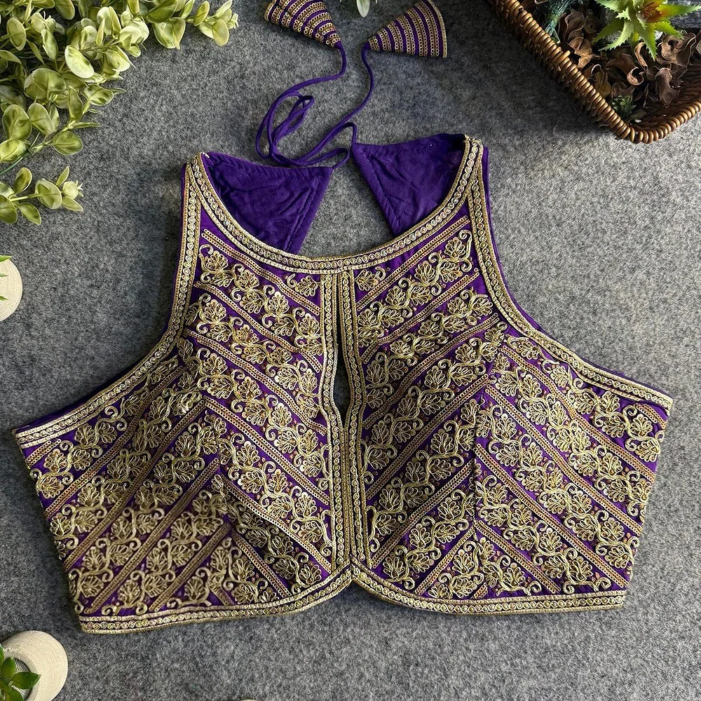 Purple Roman Silk Embroidery Work Halter Neck Blouse — view 1