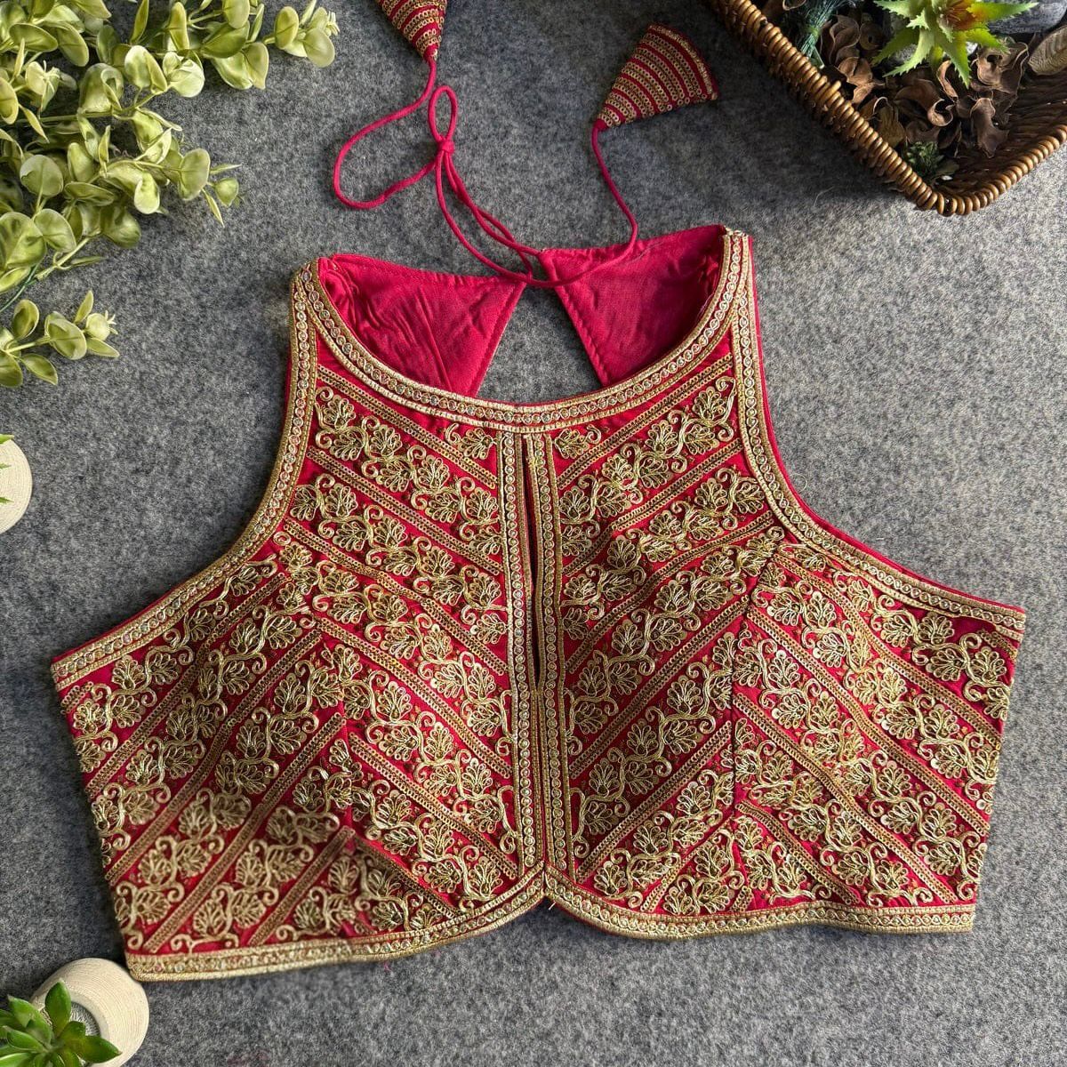 Rani Roman Silk Embroidery Work Halter Neck Blouse