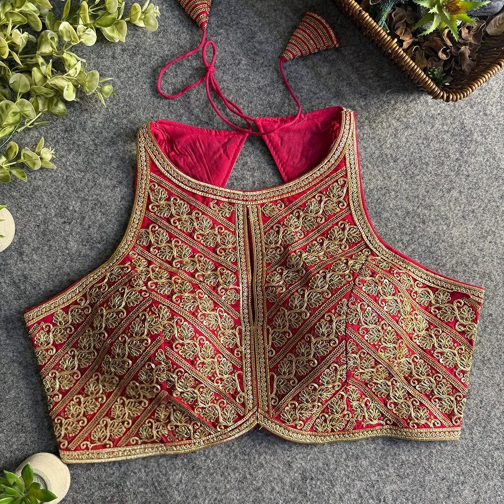 Rani Roman Silk Embroidery Work Halter Neck Blouse — view 1