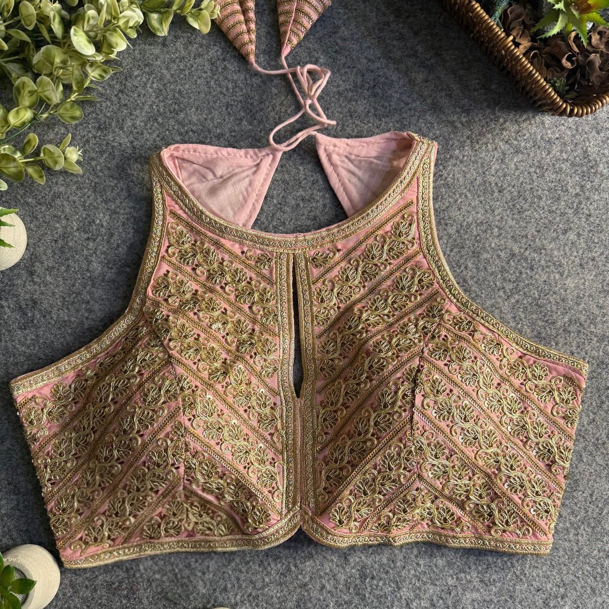 Baby Pink Roman Silk Embroidery Work Halter Neck Blouse