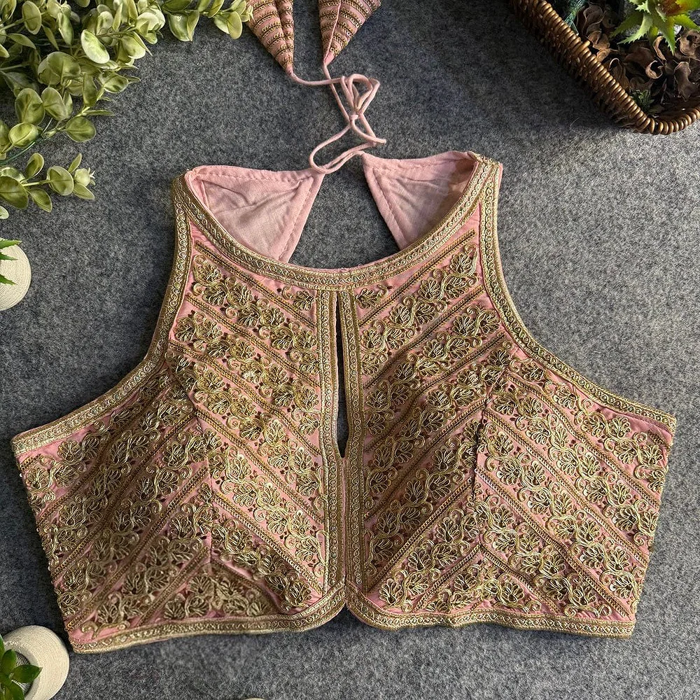 Baby Pink Roman Silk Embroidery Work Halter Neck Blouse — view 1