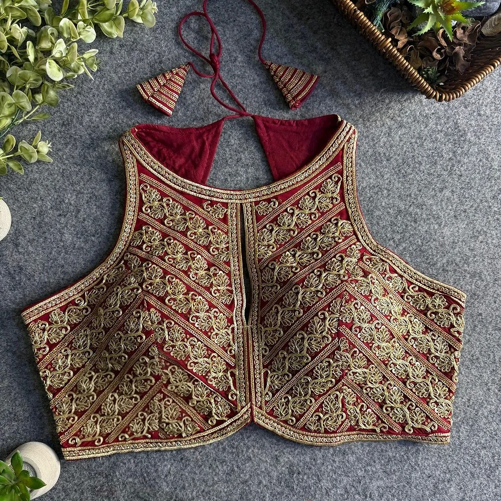 Maroon Roman Silk Embroidery Work Halter Neck Blouse — view 1