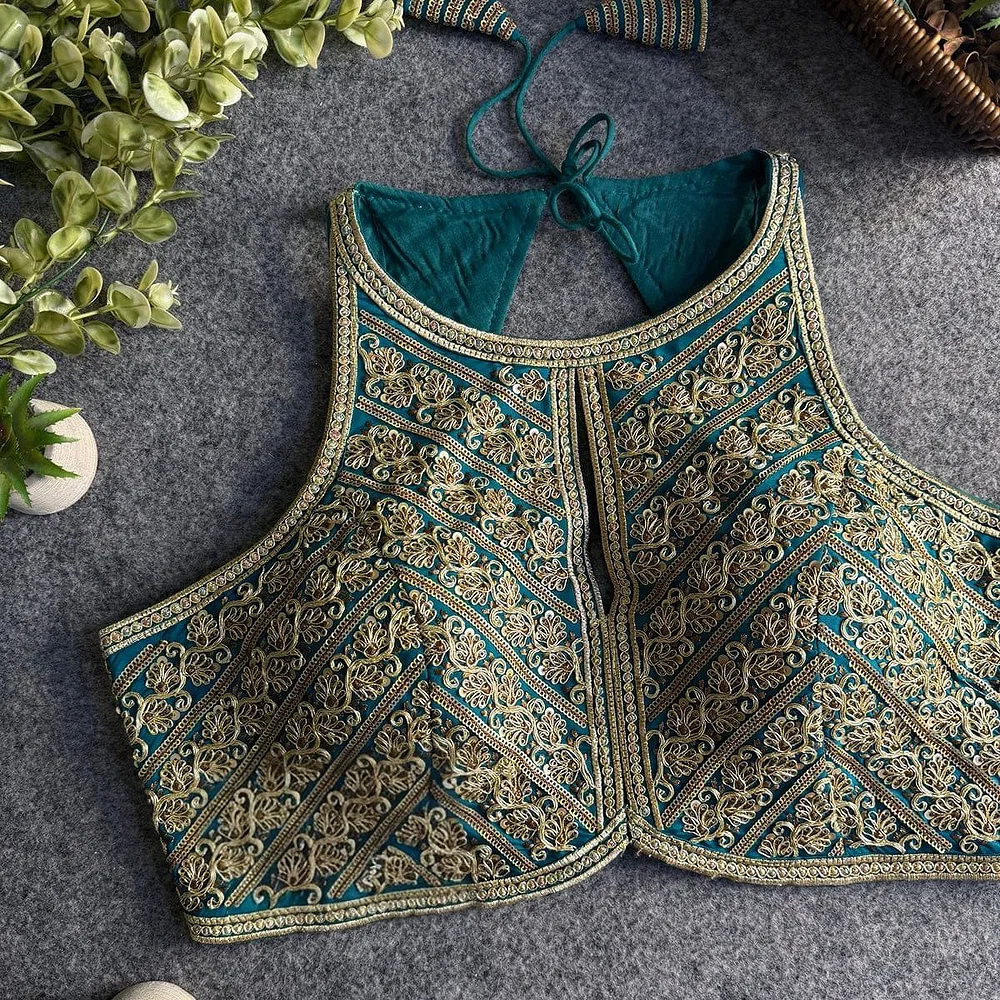 Rama Roman Silk Embroidery Work Halter Neck Blouse — view 1