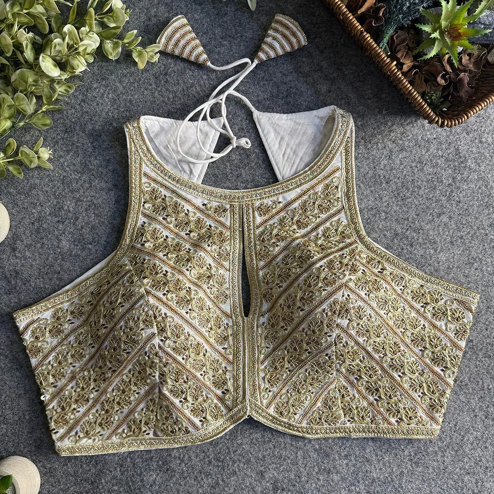 White Roman Silk Embroidery Work Halter Neck Blouse — view 1