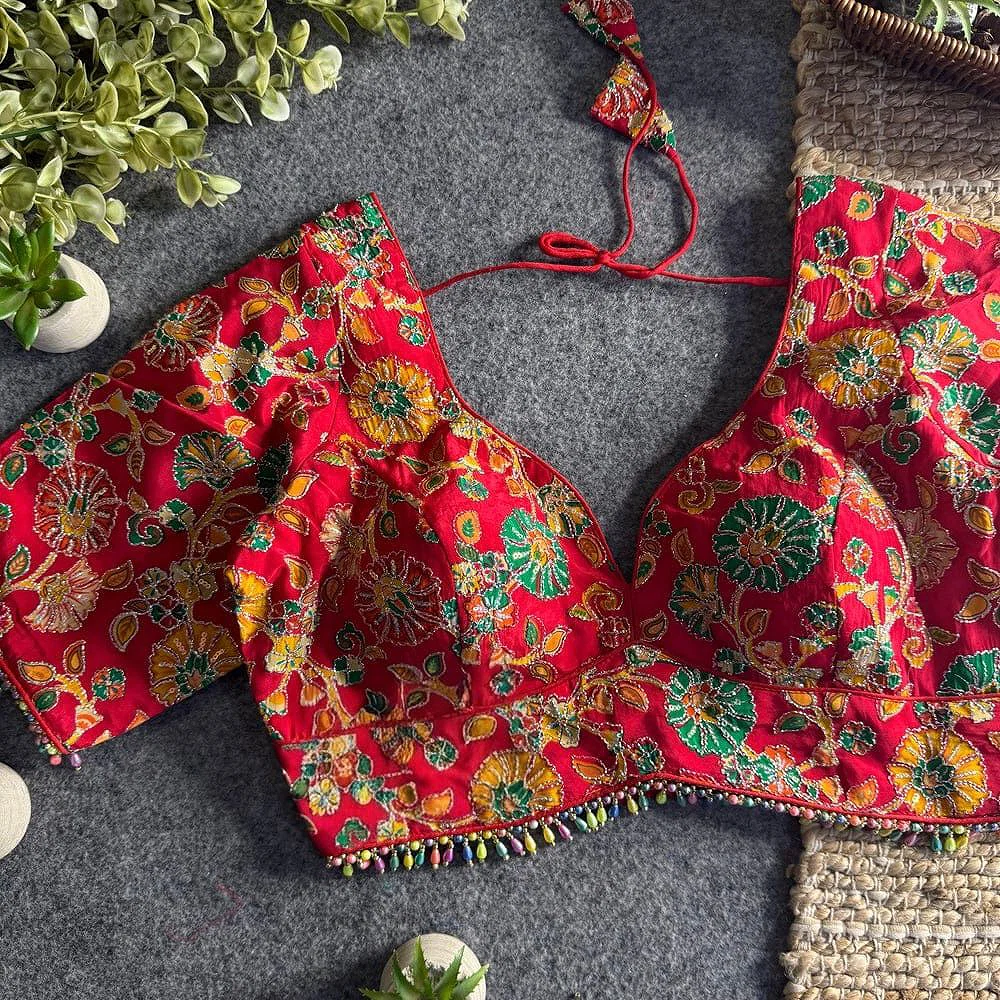 Red Sabyasachi Style Crape Silk Floral Position Work Blouse — view 1