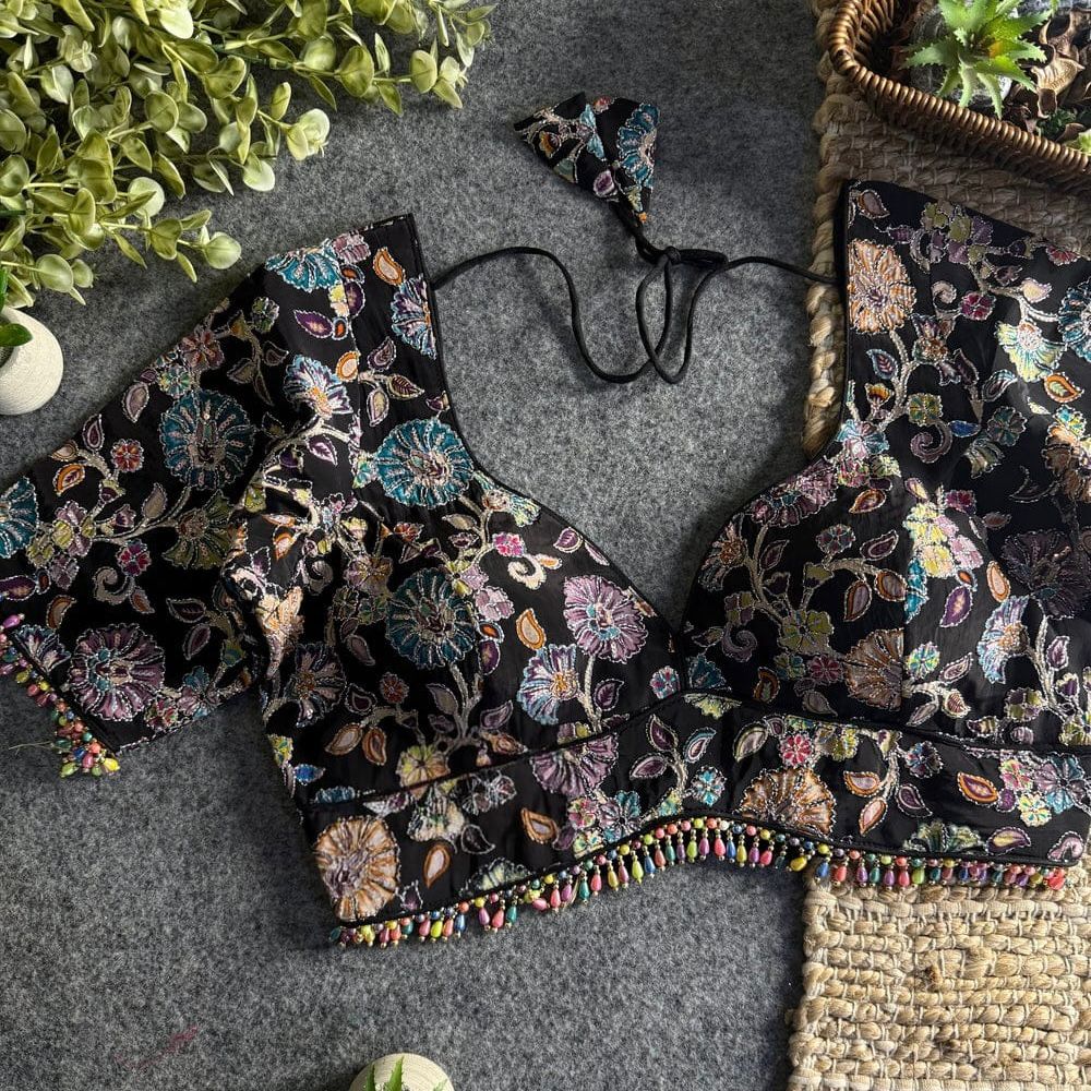 Black Sabyasachi Style Crape Silk Floral Position Work Blouse