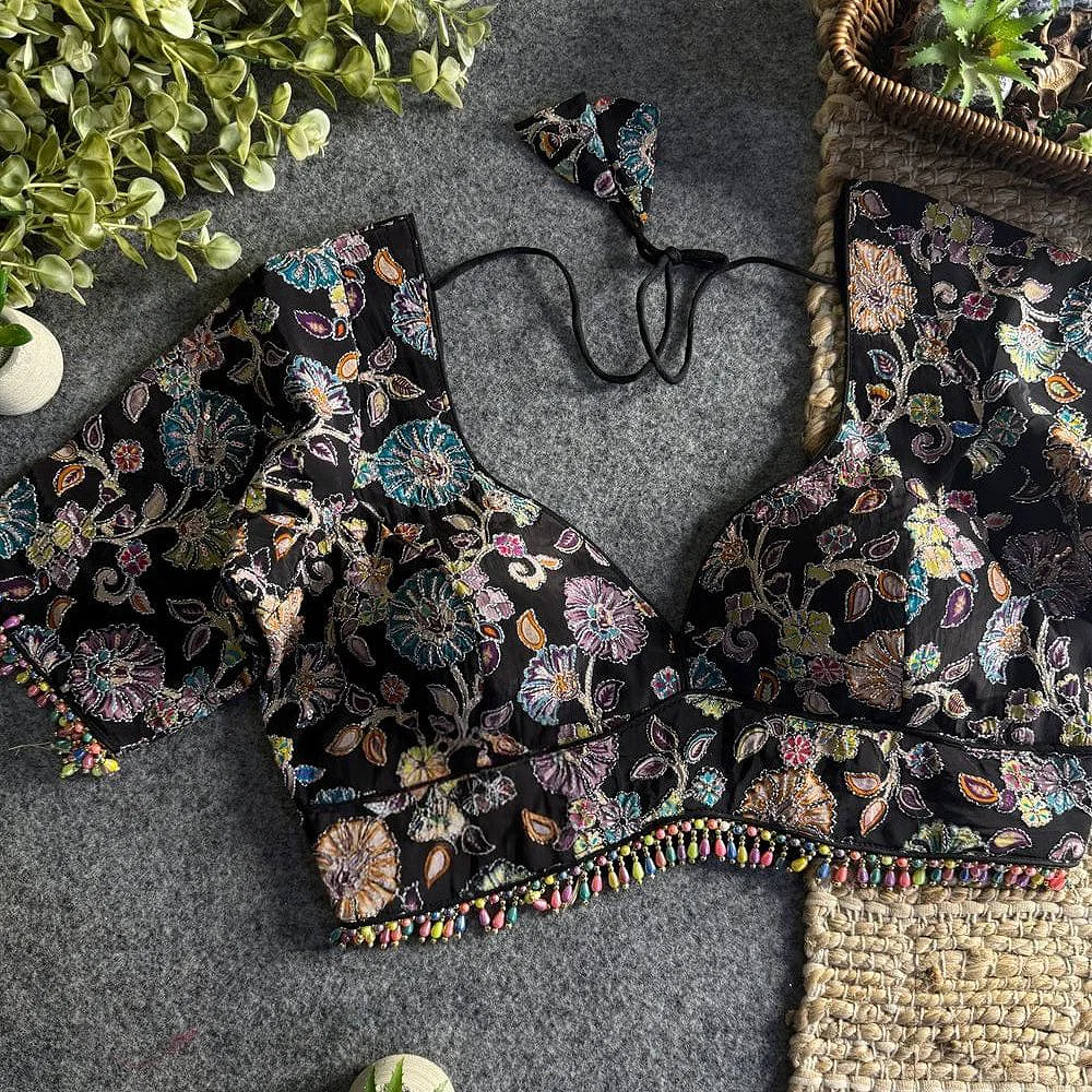 Black Sabyasachi Style Crape Silk Floral Position Work Blouse — view 1