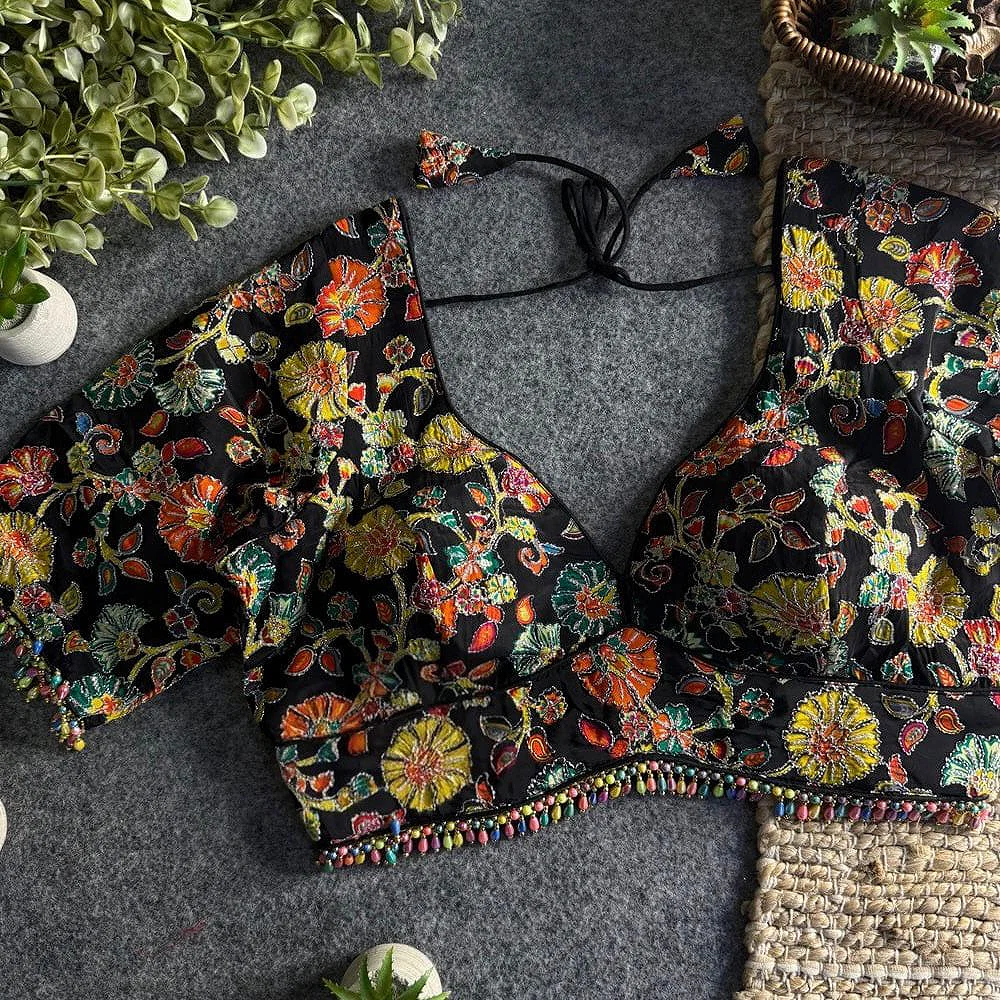 Multi Black Sabyasachi Style Crape Silk Floral Position Work Blouse — view 1