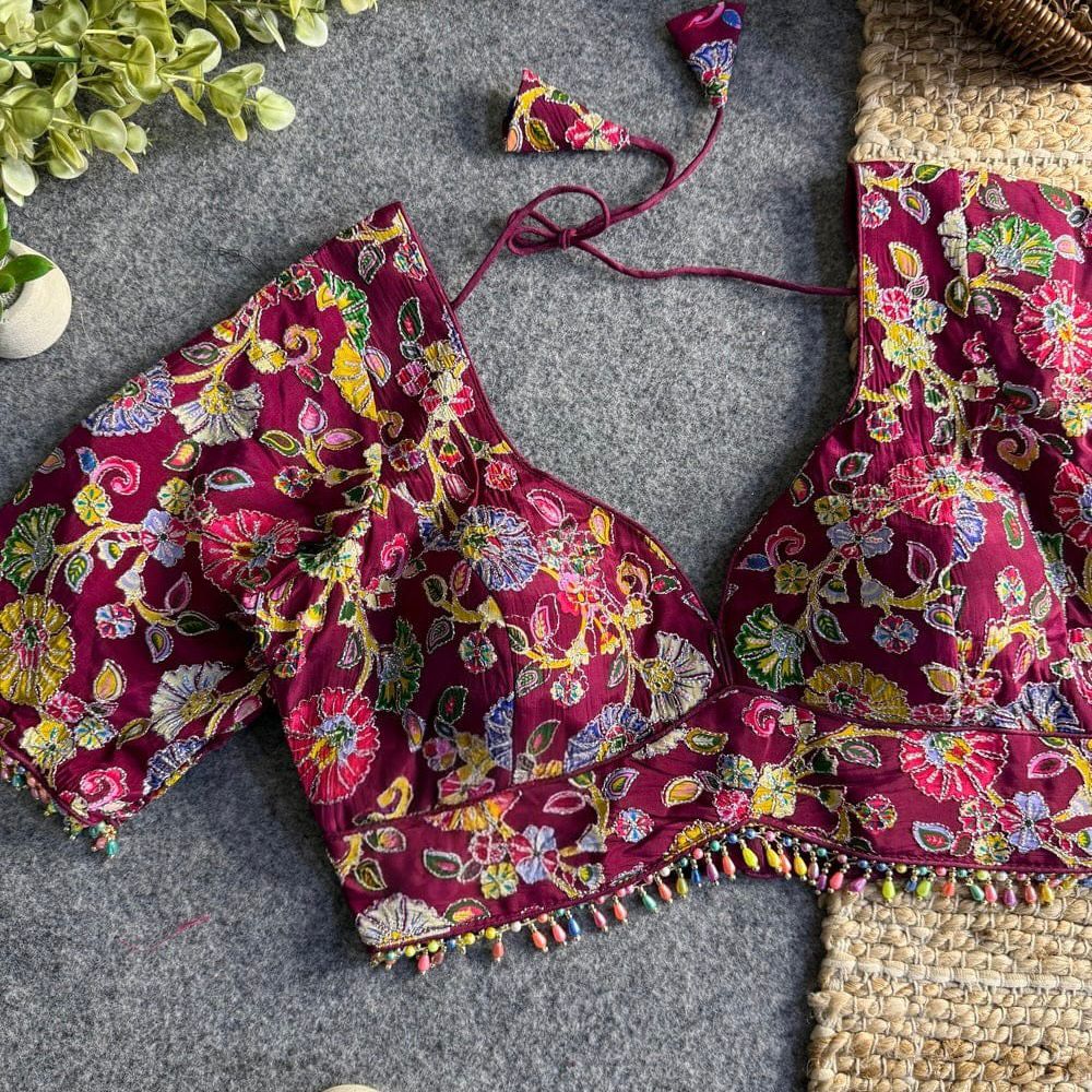 Wine Sabyasachi Style Crape Silk Floral Position Work Blouse