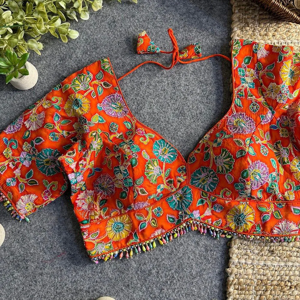 Orange Sabyasachi Style Crape Silk Floral Position Work Blouse — view 1