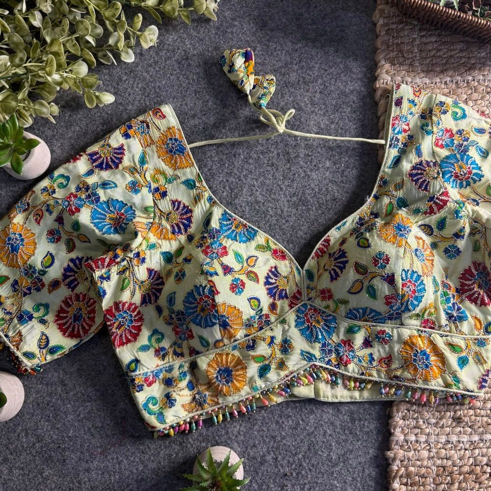 Cream Sabyasachi Style Crape Silk Floral Position Work Blouse