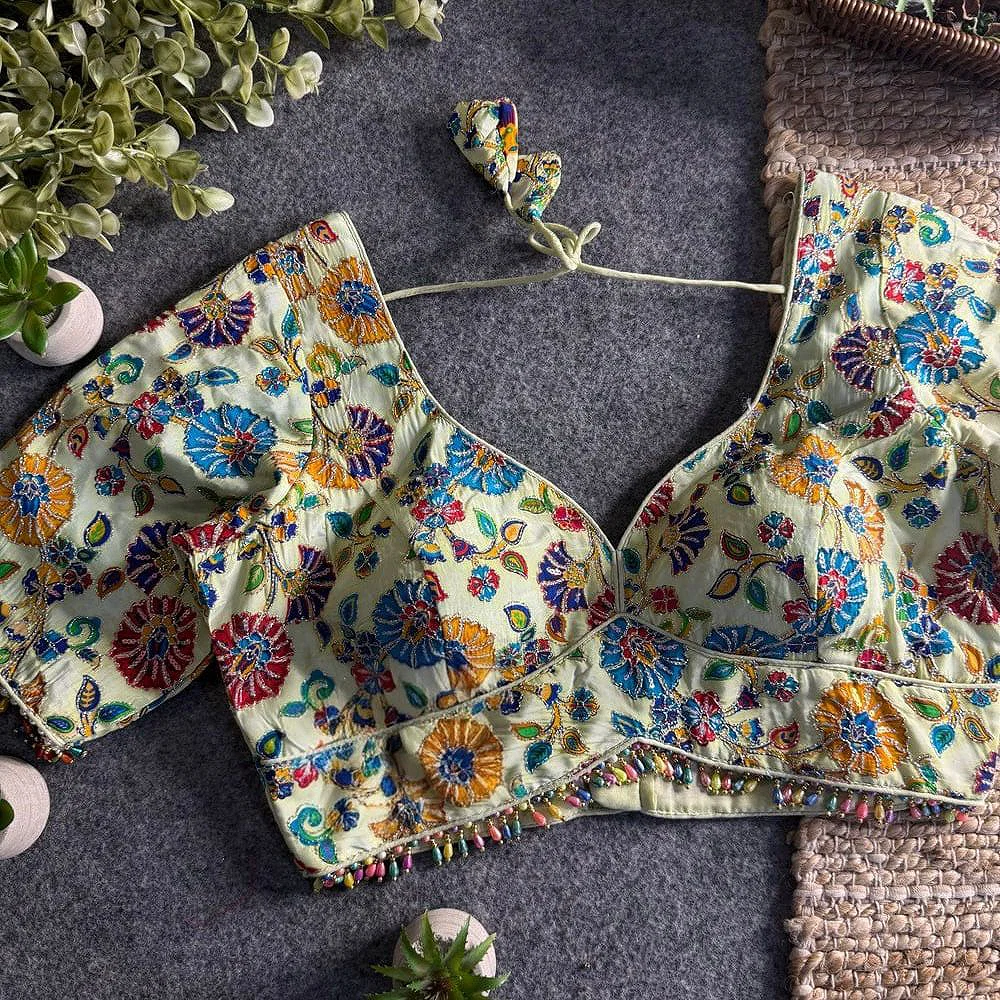 Cream Sabyasachi Style Crape Silk Floral Position Work Blouse — view 1
