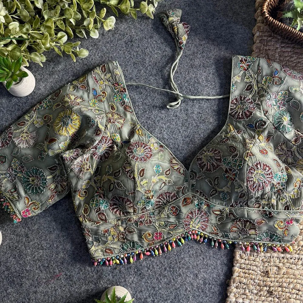 Sea Green Sabyasachi Style Crape Silk Floral Position Work Blouse — view 1
