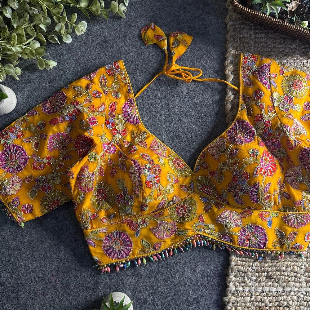 Mustard Sabyasachi Style Crape Silk Floral Position Work Blouse — view 1