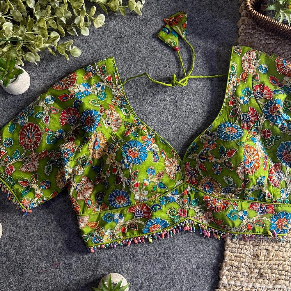 Green Sabyasachi Style Crape Silk Floral Position Work Blouse — view 1
