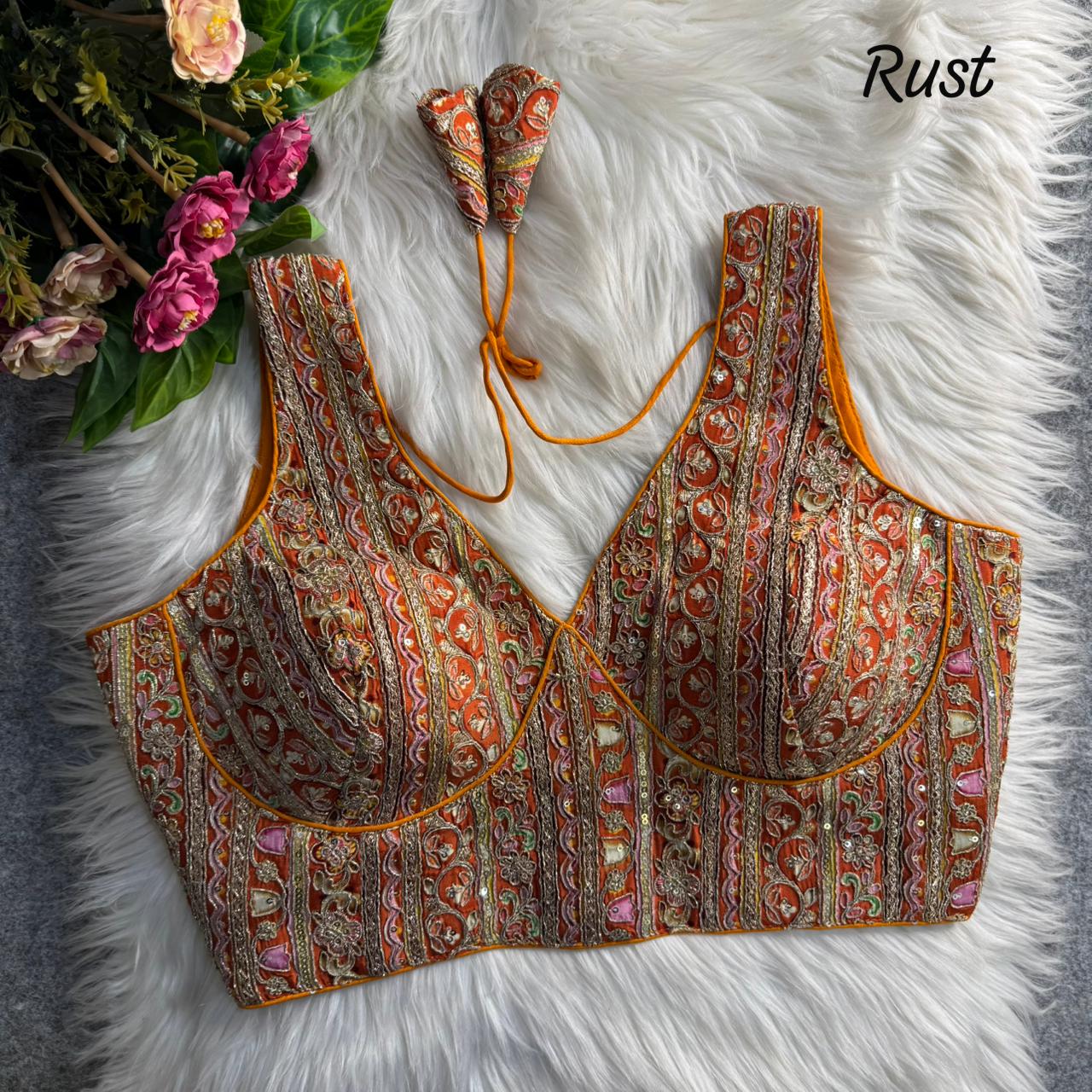 Rust Heavy Position Work Sabyasachi Style Deep Neck Blouse