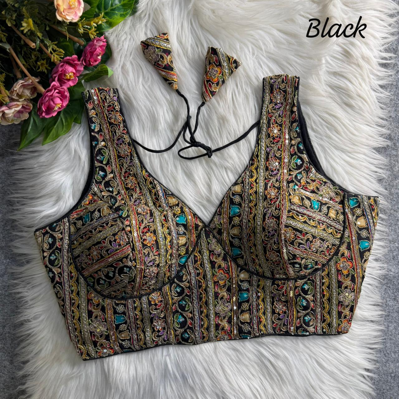 Black Heavy Position Work Sabyasachi Style Deep Neck Blouse