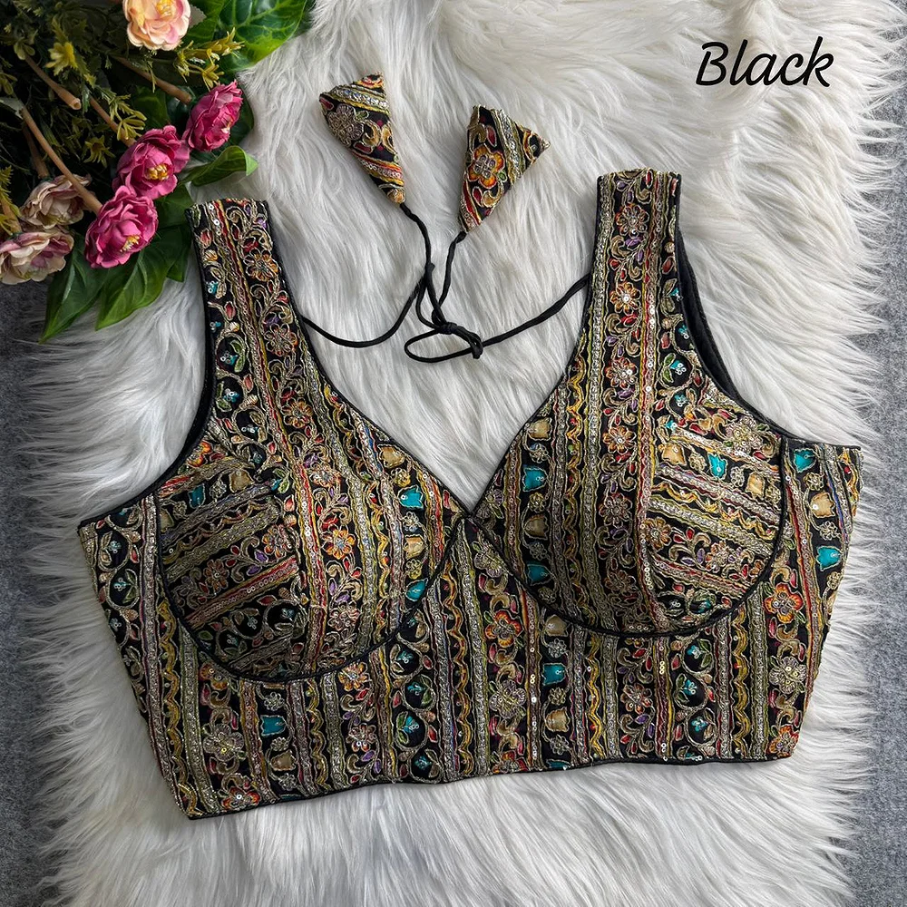 Black Heavy Position Work Sabyasachi Style Deep Neck Blouse — view 1