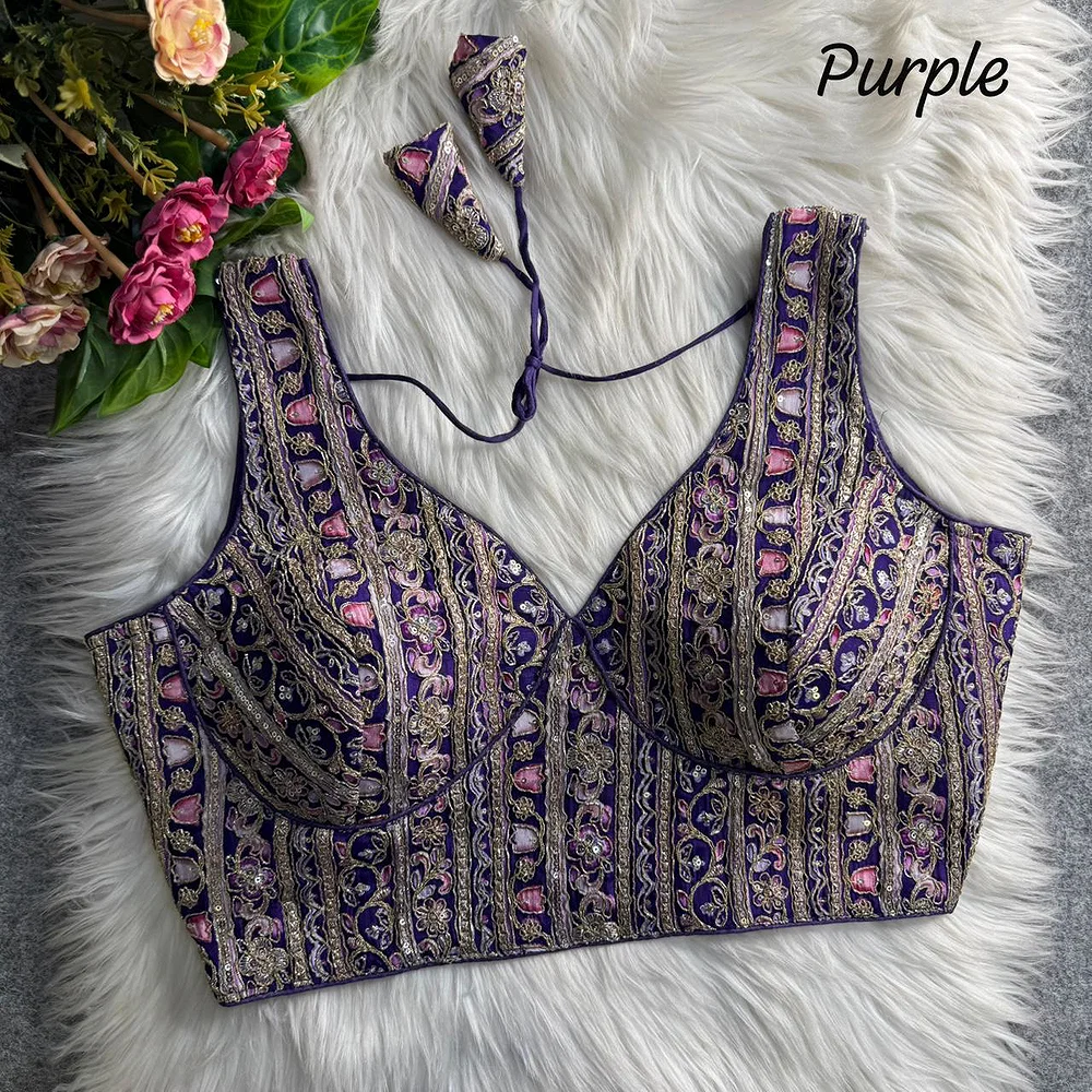 Purple Heavy Position Work Sabyasachi Style Deep Neck Blouse — view 1