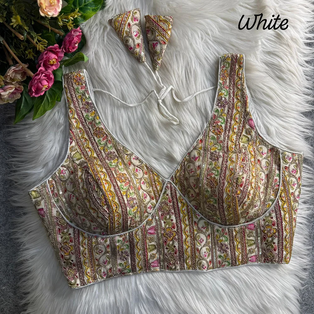 White Heavy Position Work Sabyasachi Style Deep Neck Blouse — view 1