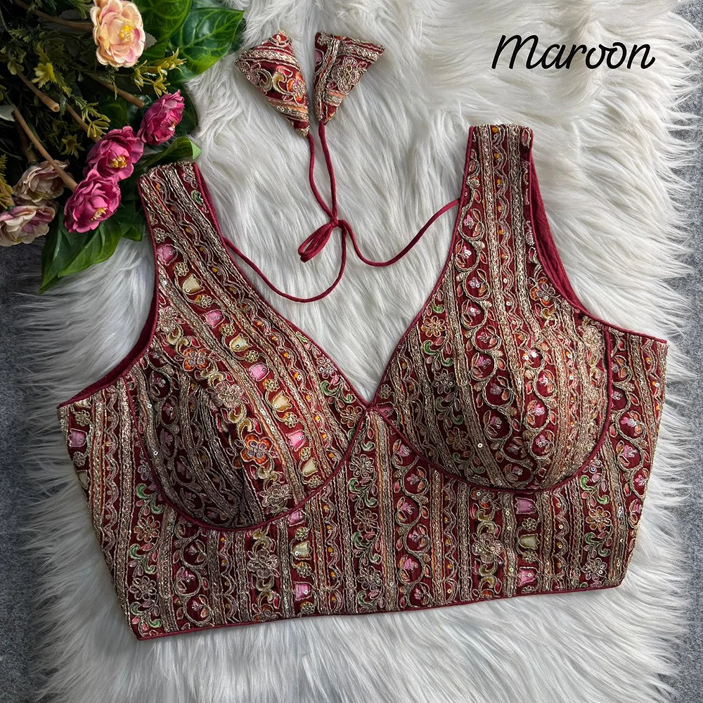 Maroon Heavy Position Work Sabyasachi Style Deep Neck Blouse — view 1