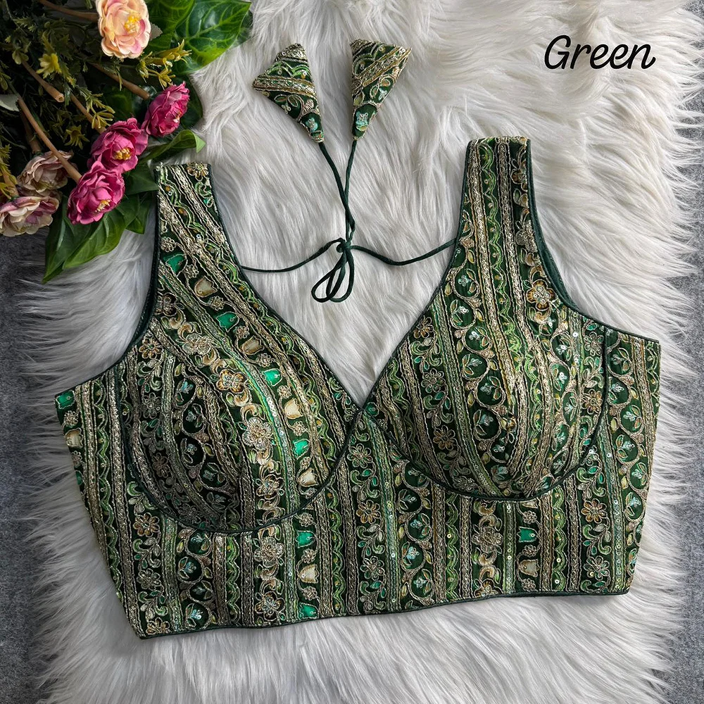 Green Heavy Position Work Sabyasachi Style Deep Neck Blouse — view 1