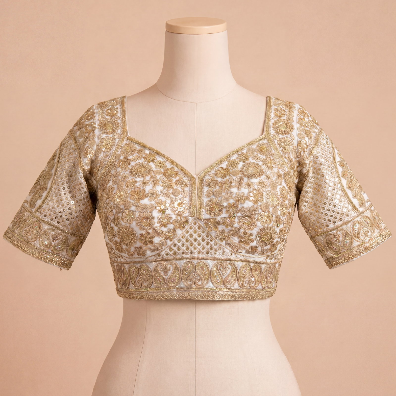 White Silk Designer Blouse with Heavy Zari & Floral Embroidery Work