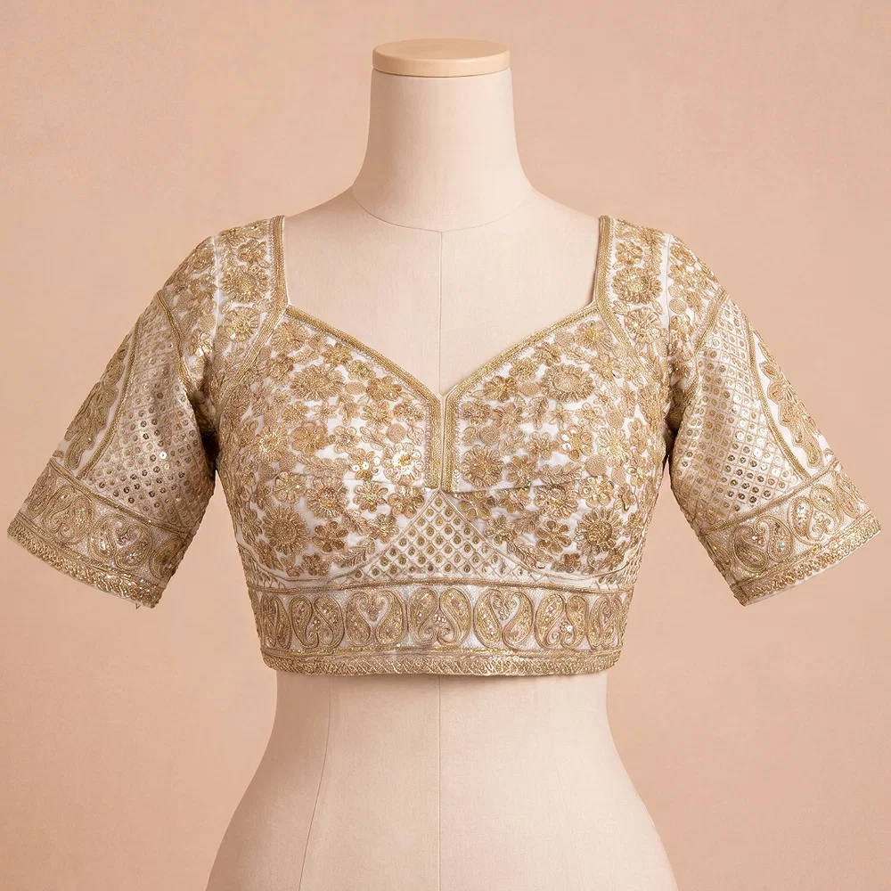 White Silk Designer Blouse with Heavy Zari & Floral Embroidery Work — view 1