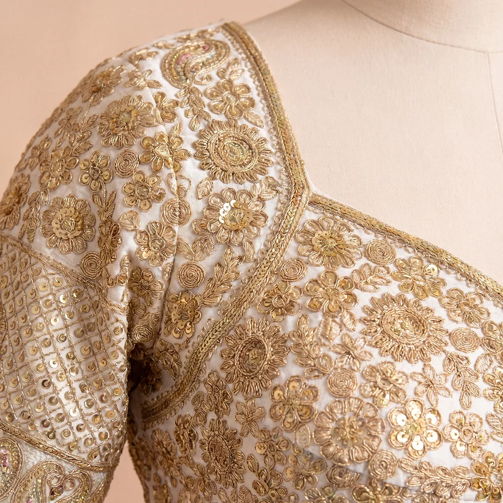 White Silk Designer Blouse with Heavy Zari & Floral Embroidery Work — view 2