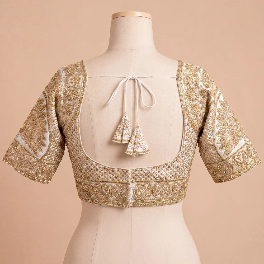 White Silk Designer Blouse with Heavy Zari & Floral Embroidery Work — view 3
