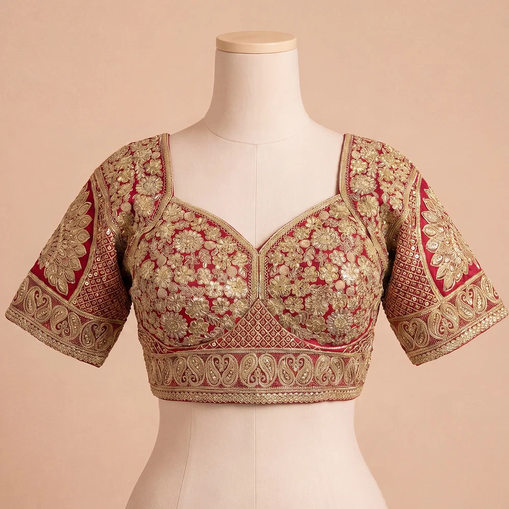 Red Silk Designer Blouse with Heavy Zari & Floral Embroidery Work — view 1