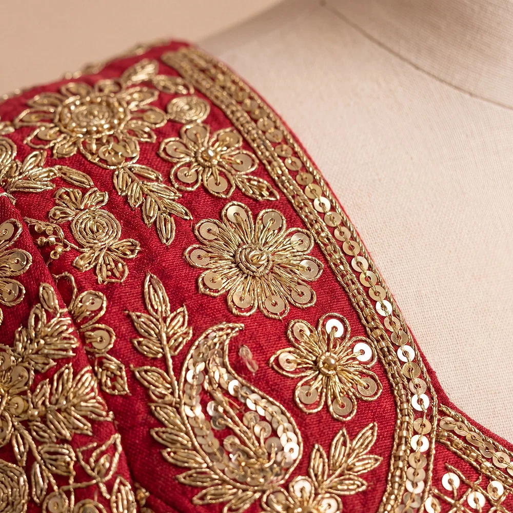 Red Silk Designer Blouse with Heavy Zari & Floral Embroidery Work — view 2