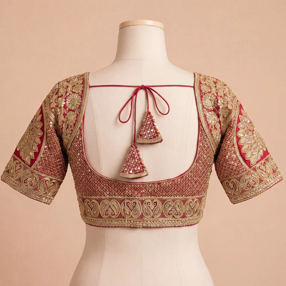 Red Silk Designer Blouse with Heavy Zari & Floral Embroidery Work — view 3