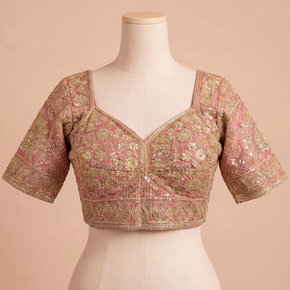 Peach Silk Designer Blouse with Heavy Zari & Floral Embroidery Work — view 1