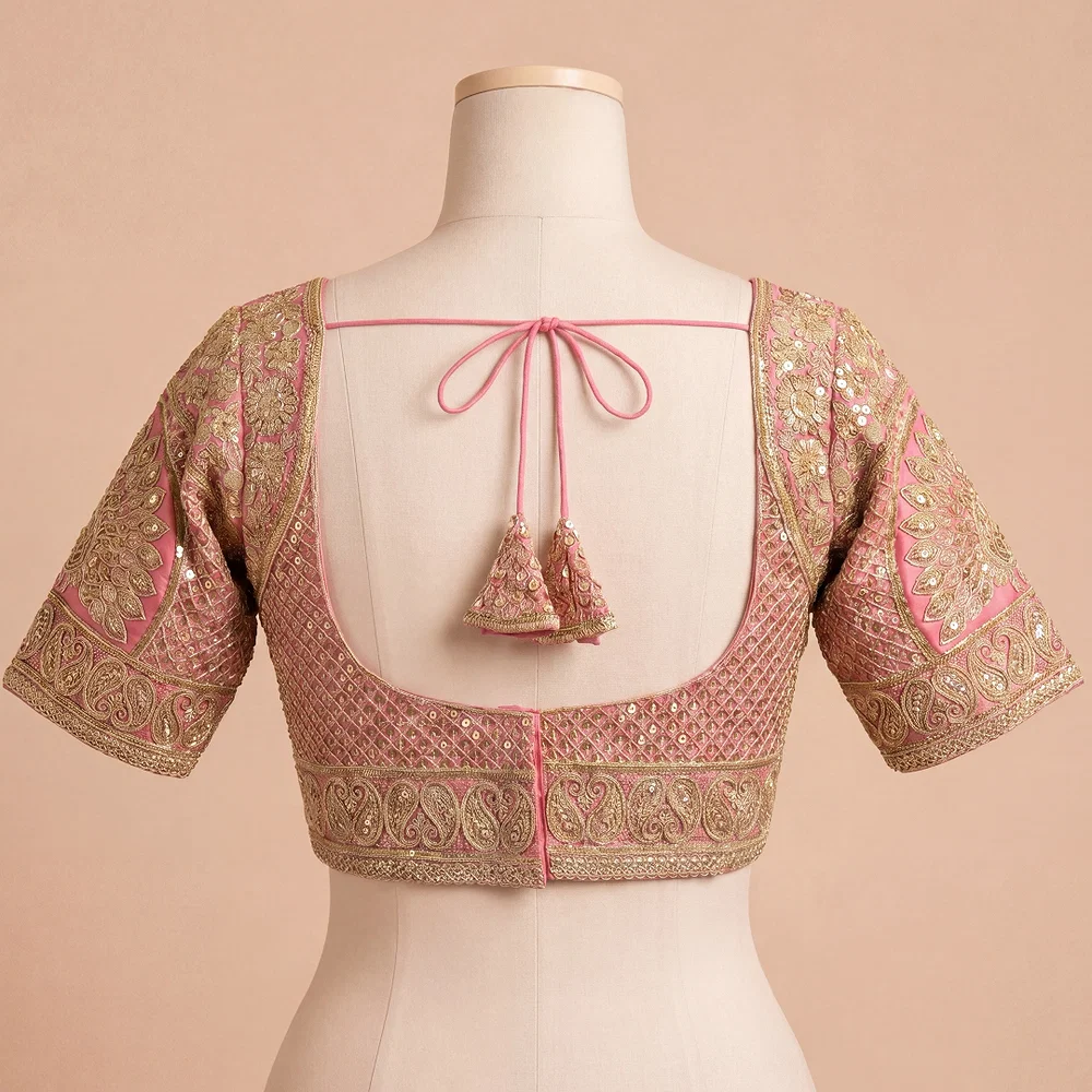 Peach Silk Designer Blouse with Heavy Zari & Floral Embroidery Work — view 3