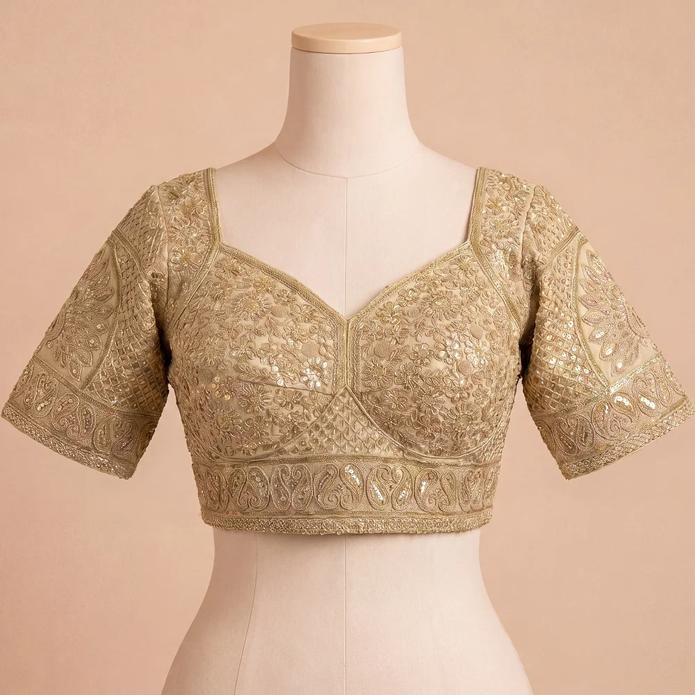 Gold Silk Designer Blouse with Heavy Zari & Floral Embroidery Work — view 1