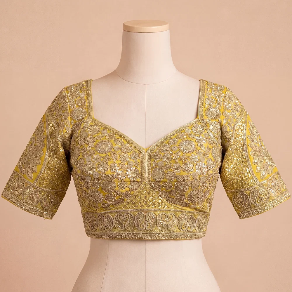 Yellow Silk Designer Blouse with Heavy Zari & Floral Embroidery Work — view 1
