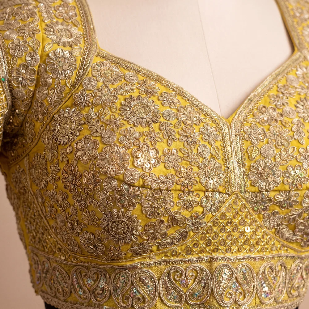 Yellow Silk Designer Blouse with Heavy Zari & Floral Embroidery Work — view 2
