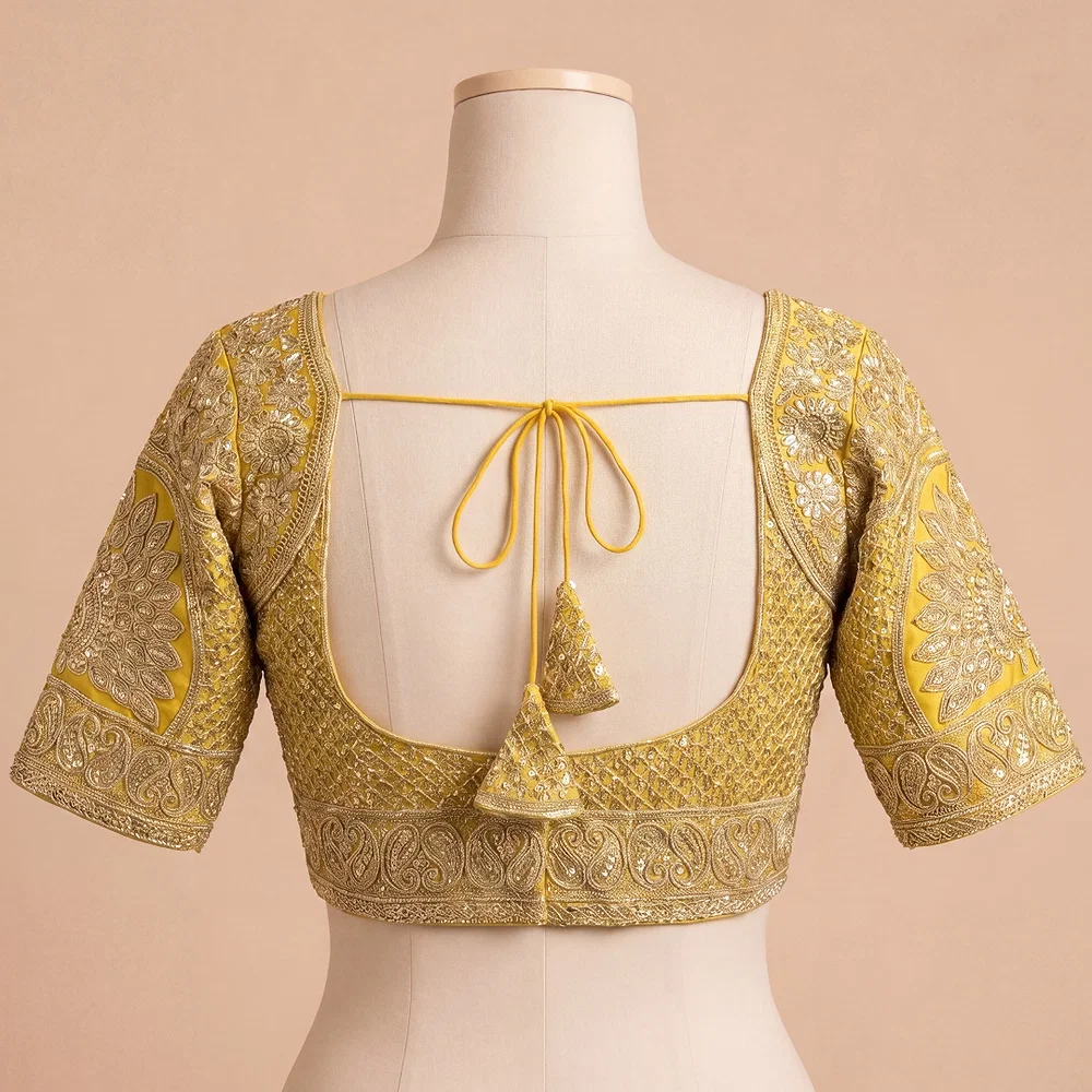 Yellow Silk Designer Blouse with Heavy Zari & Floral Embroidery Work — view 3
