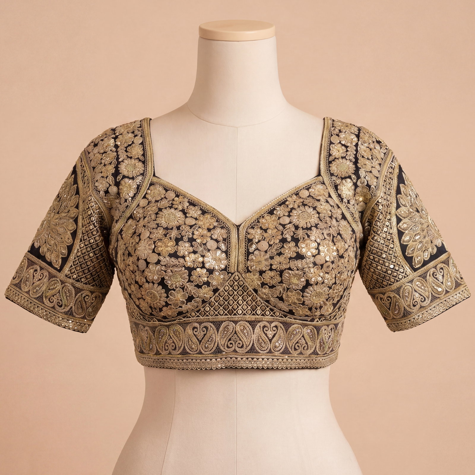 Black Silk Designer Blouse with Heavy Zari & Floral Embroidery Work