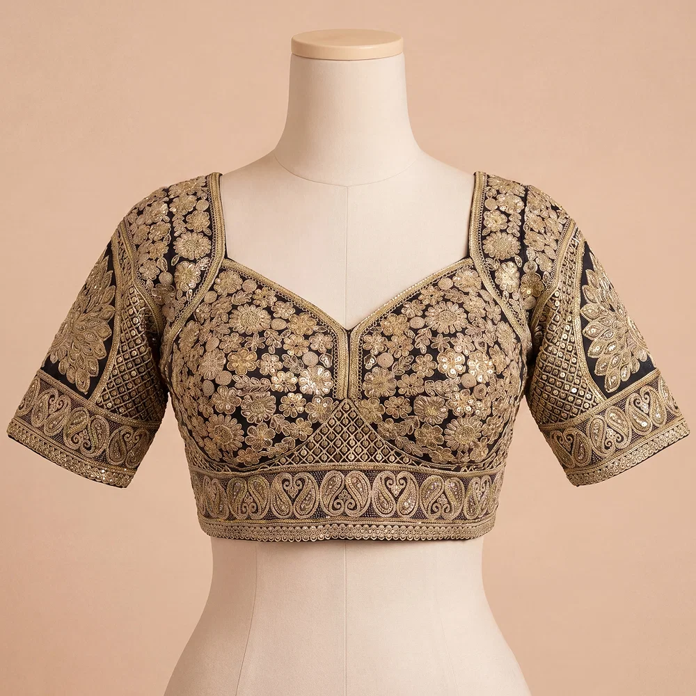 Black Silk Designer Blouse with Heavy Zari & Floral Embroidery Work — view 1