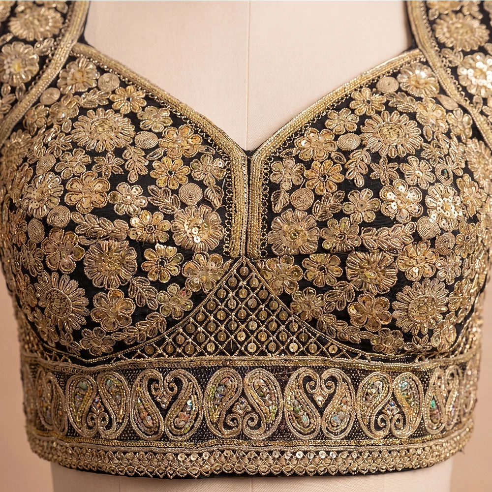 Black Silk Designer Blouse with Heavy Zari & Floral Embroidery Work — view 2