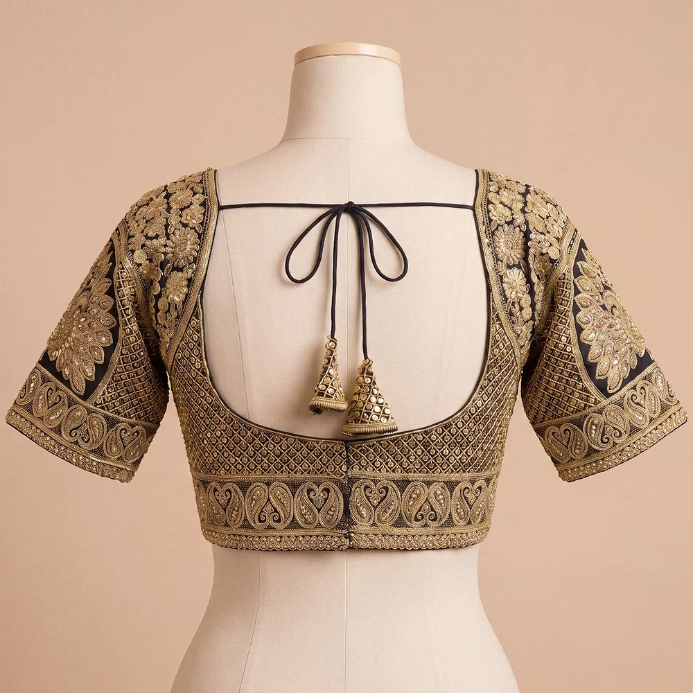 Black Silk Designer Blouse with Heavy Zari & Floral Embroidery Work — view 3