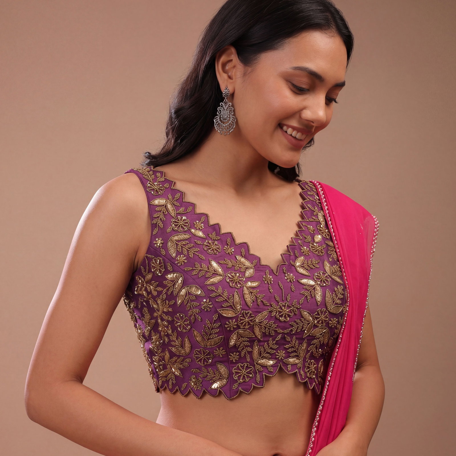 Zardosi Handwork Purple Raw Silk Partywear Blouse