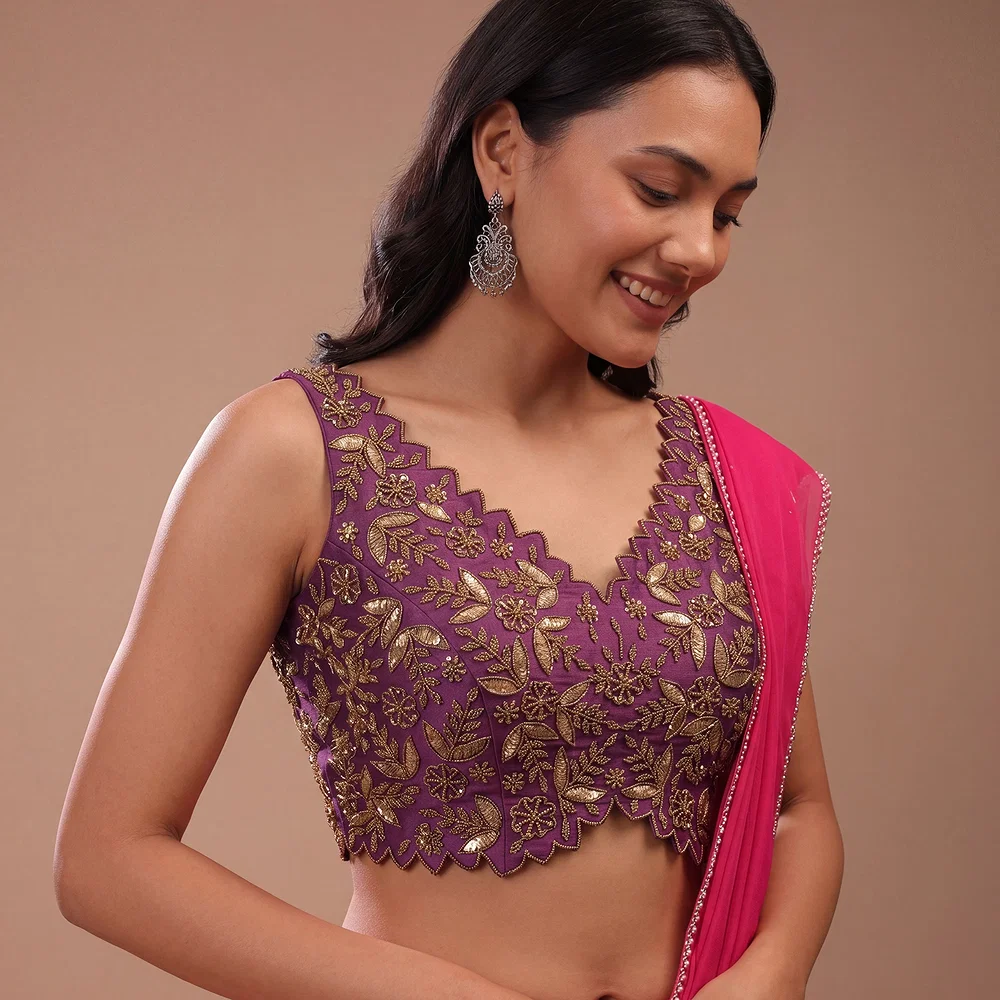 Zardosi Handwork Purple Raw Silk Partywear Blouse — view 1