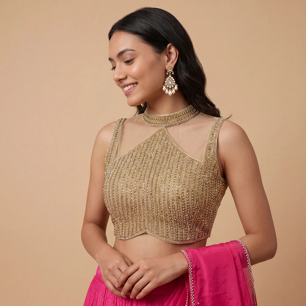Handwork Net Heavy Gold Moti Blouse Halter Neck Partywear Blouse — view 1