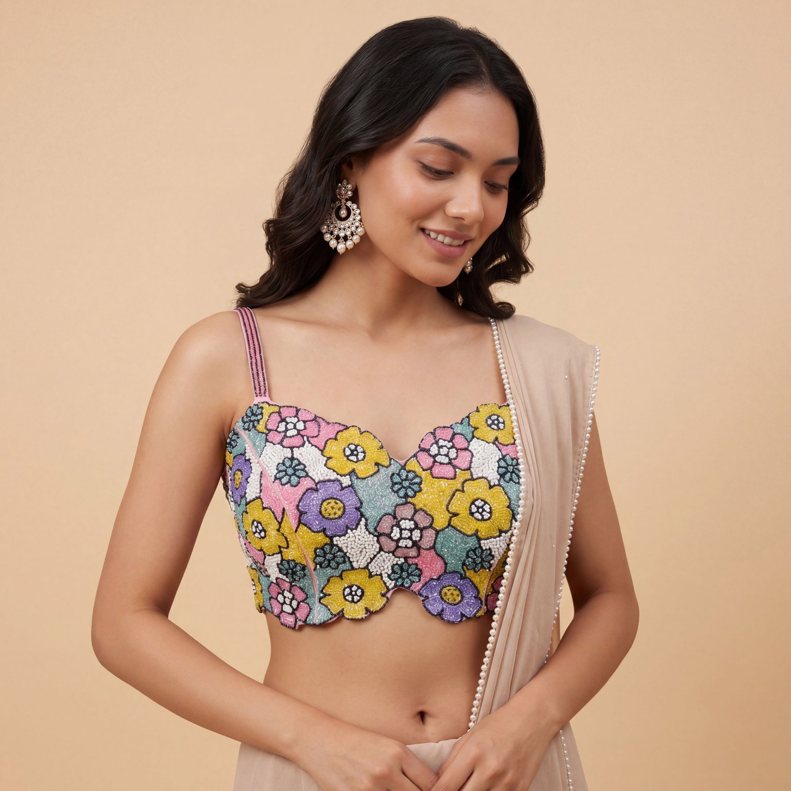 Multicolor Handwork Silk Blouse: Heavy Beaded Bridal Crop Top