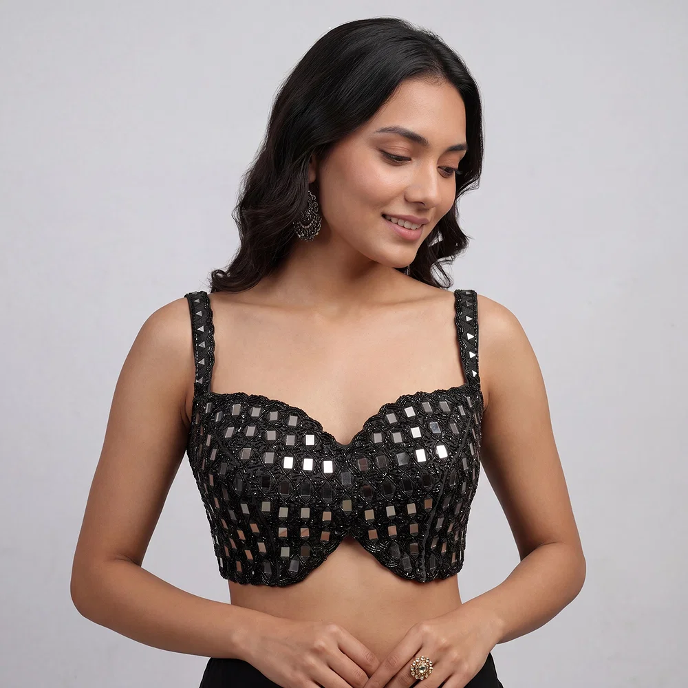 Black Handwork Raw Silk Blouse with Jari Mirror & Beads Work — view 1