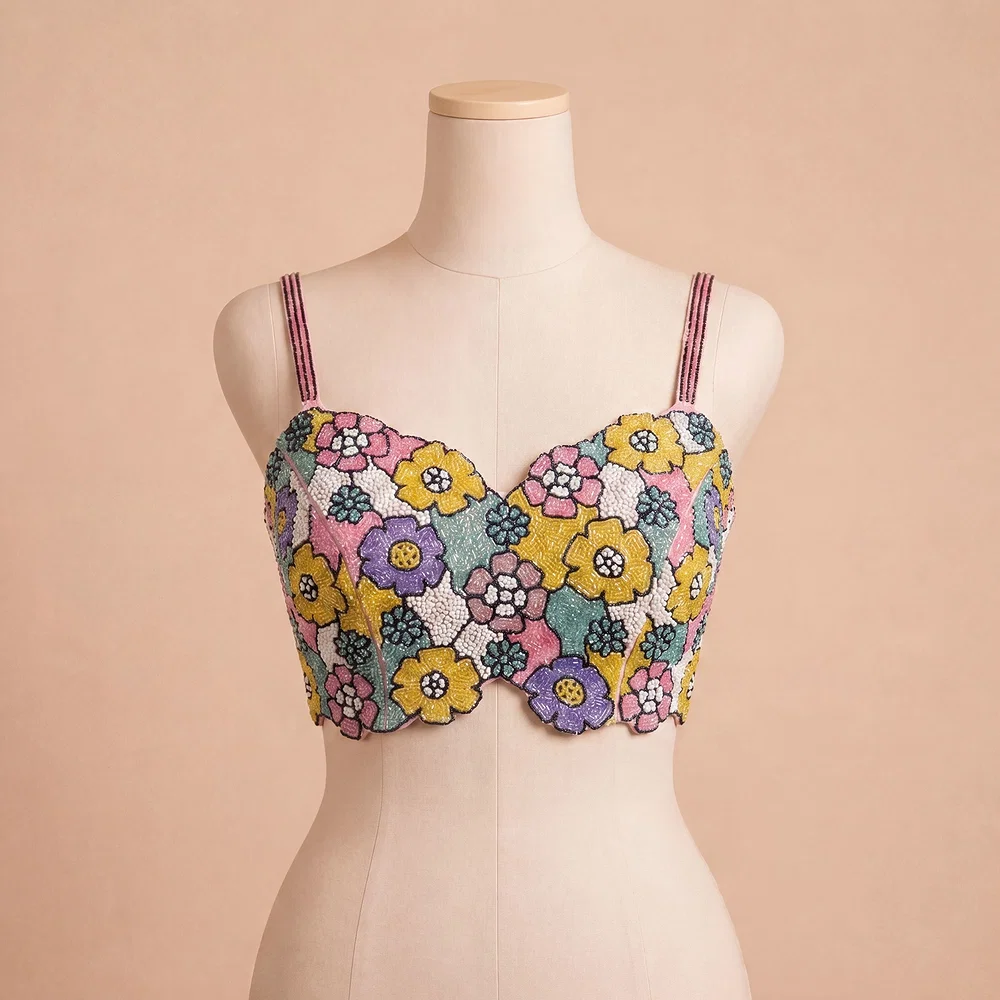 Multicolor Handwork Silk Blouse: Heavy Beaded Bridal Crop Top — view 2